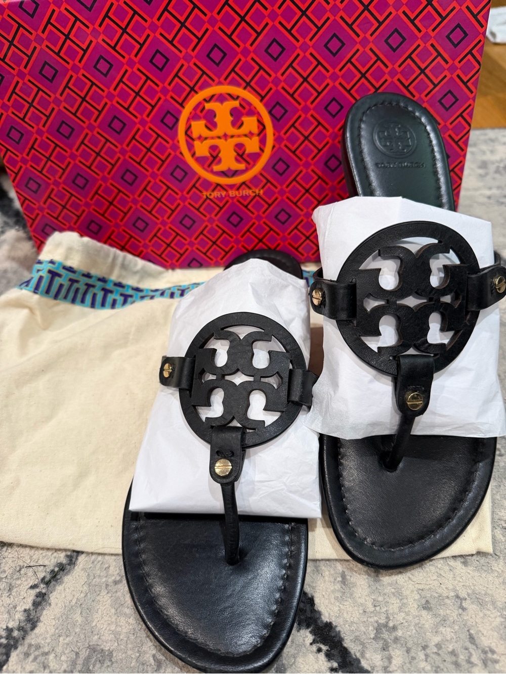 Tory Burch Black Leather Logo Thong Sandals with Gold Accents